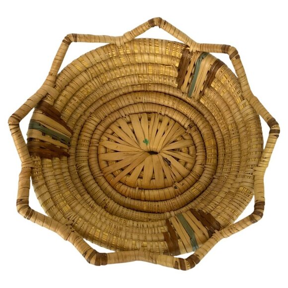 Handwoven Natural Coiled Straw Basket With Decorative Multicolor Stripes Accents - Picture 2 of 7